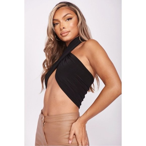 Black Sleeveless Wrap Halter Neck Crop Top - Picture 3 of 13